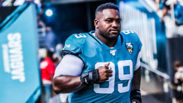 JACKSONVILLE, FLORIDA - OCTOBER 13: Marcell Dareus #99 of the Jacksonville Jaguars runs onto the field to face the New Orleans Saints at TIAA Bank Field on October 13, 2019 in Jacksonville, Florida. (Photo by Harry Aaron/Getty Images)