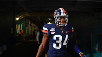 MIAMI, FLORIDA - OCTOBER 11: Bryce Hall #34 of the Virginia Cavaliers is introduced before the game against the Miami Hurricanes at Hard Rock Stadium on October 11, 2019 in Miami, Florida. (Photo by Mark Brown/Getty Images)