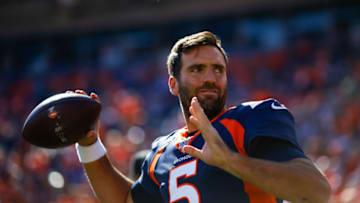 DENVER, CO - OCTOBER 13: Quarterback Joe Flacco #5 of the Denver Broncos warms up on the field before the game against the Tennessee Titans at Empower Field at Mile High on October 13, 2019 in Denver, Colorado. (Photo by Justin Edmonds/Getty Images)