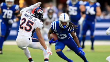 INDIANAPOLIS, INDIANA - OCTOBER 27: T.Y. Hilton #13 of the Indianapolis Colts runs with the ball against the Denver Broncos at Lucas Oil Stadium on October 27, 2019 in Indianapolis, Indiana. (Photo by Andy Lyons/Getty Images)