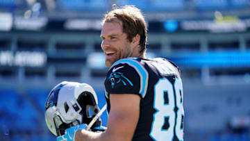 CHARLOTTE, NORTH CAROLINA - NOVEMBER 03: Greg Olsen #88 of the Carolina Panthers warms up before their game against the Tennessee Titans at Bank of America Stadium on November 03, 2019 in Charlotte, North Carolina. (Photo by Jacob Kupferman/Getty Images)