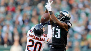 PHILADELPHIA, PENNSYLVANIA - NOVEMBER 03: Prince Amukamara #20 of the Chicago Bears breaks up a pass intended for Nelson Agholor #13 of the Philadelphia Eagles at Lincoln Financial Field on November 03, 2019 in Philadelphia, Pennsylvania.The Philadelphia Eagles defeated the Chicago Bears 22-14. (Photo by Elsa/Getty Images)