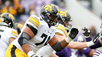 EVANSTON, ILLINOIS - OCTOBER 26: Tristan Wirfs #74 of the Iowa Hawkeyes in action in the game against the Northwestern Wildcats at Ryan Field on October 26, 2019 in Evanston, Illinois. (Photo by Justin Casterline/Getty Images)