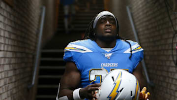 OAKLAND, CALIFORNIA - NOVEMBER 07: Melvin Gordon #25 of the Los Angeles Chargers walks out from the tunnel before the game against the Oakland Raiders at RingCentral Coliseum on November 07, 2019 in Oakland, California. (Photo by Lachlan Cunningham/Getty Images)