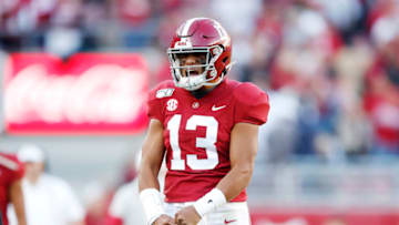 TUSCALOOSA, ALABAMA - NOVEMBER 09: Tua Tagovailoa #13 of the Alabama Crimson Tide celebrates throwing a touchdown pass during the second quarter against the LSU Tigers in the game at Bryant-Denny Stadium on November 09, 2019 in Tuscaloosa, Alabama. (Photo by Todd Kirkland/Getty Images)