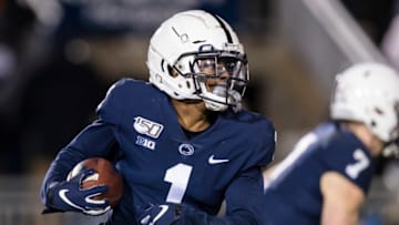 STATE COLLEGE, PA - NOVEMBER 30: KJ Hamler #1 of the Penn State Nittany Lions carries the ball against the Rutgers Scarlet Knights during the second half at Beaver Stadium on November 30, 2019 in State College, Pennsylvania. (Photo by Scott Taetsch/Getty Images)