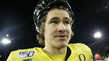 EUGENE, OREGON - NOVEMBER 16: Justin Herbert #10 of the Oregon Ducks looks on after the Oregon Ducks defeated the Arizona Wildcats 34-6 during their game at Autzen Stadium on November 16, 2019 in Eugene, Oregon. (Photo by Abbie Parr/Getty Images)