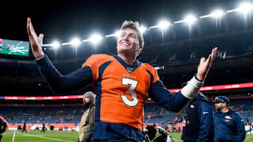 DENVER, CO - DECEMBER 29: Drew Lock #3 of the Denver Broncos walks off the field after a 16-15 win over the Oakland Raiders at Empower Field at Mile High on December 29, 2019 in Denver, Colorado. (Photo by Dustin Bradford/Getty Images)