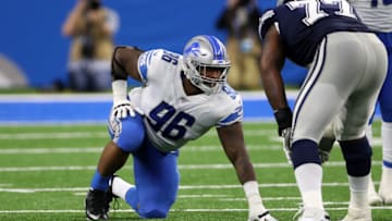 DETROIT, MI - NOVEMBER 17: Mike Daniels #96 of the Detroit Lions in action during the game against the Dallas Cowboys at Ford Field on November 17, 2019 in Detroit, Michigan. The Cowboys defeated the Lions 35-27. (Photo by Rob Leiter/Getty Images)