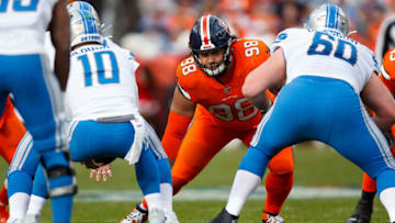 DENVER, CO - DECEMBER 22: Nose tackle Mike Purcell #98 of the Denver Broncos defends on the play against the Detroit Lions during the first quarter at Empower Field at Mile High on December 22, 2019 in Denver, Colorado. The Broncos defeated the Lions 27-17. (Photo by Justin Edmonds/Getty Images)