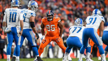 DENVER, CO - DECEMBER 22: Shelby Harris #96 of the Denver Broncos lines up on defense during a game against the Detroit Lions at Empower Field on December 22, 2019 in Denver, Colorado. (Photo by Dustin Bradford/Getty Images)