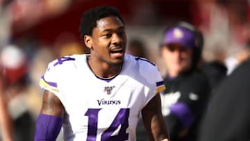 SANTA CLARA, CALIFORNIA - JANUARY 11: Stefon Diggs #14 of the Minnesota Vikings reacts to a play during the first half of the NFC Divisional Round Playoff game against the San Francisco 49ers at Levi's Stadium on January 11, 2020 in Santa Clara, California. (Photo by Ezra Shaw/Getty Images)