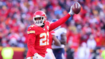 KANSAS CITY, MISSOURI - JANUARY 19: Bashaud Breeland #21 of the Kansas City Chiefs reacts after a possible interception later ruled an incomplete pass in the first quarter against the Tennessee Titans in the AFC Championship Game at Arrowhead Stadium on January 19, 2020 in Kansas City, Missouri. (Photo by Tom Pennington/Getty Images)