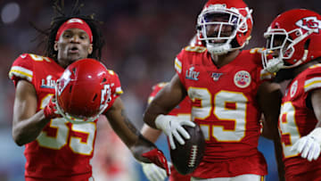 MIAMI, FLORIDA - FEBRUARY 02: Kendall Fuller #29 of the Kansas City Chiefs and teammates celebrate an interception during the fourth quarter against the San Francisco 49ers in Super Bowl LIV at Hard Rock Stadium on February 02, 2020 in Miami, Florida. (Photo by Rob Carr/Getty Images)