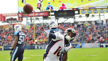 NASHVILLE, TN - DECEMBER 11: Emmanuel Sanders #10 of the Denver Broncos throws the ball in celebration of scoring a touchdown against the Tennessee Titans during the second half at Nissan Stadium on December 11, 2016 in Nashville, Tennessee. (Photo by Frederick Breedon/Getty Images)