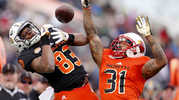 MOBILE, AL - JANUARY 28: Brendan Langley #31 of the North team breaks up a pass intended for Travin Dural #83 of the South team during the first half of the Reese's Senior Bowl at the Ladd-Peebles Stadium on January 28, 2017 in Mobile, Alabama. (Photo by Jonathan Bachman/Getty Images)
