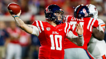 OXFORD, MS - OCTOBER 29: Quarterback Chad Kelly #10 of the Mississippi Rebels throws a pass during the first half of an NCAA college football game against the Auburn Tigers on October 29, 2016 in Oxford, Mississippi. (Photo by Butch Dill/Getty Images)