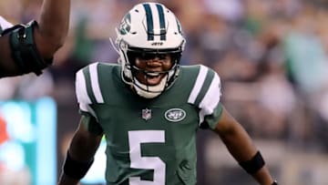 EAST RUTHERFORD, NJ - AUGUST 10: Teddy Bridgewater #5 of the New York Jets celebrates a touchdown from teammate Isaiah Crowell in the first quarter against the Atlanta Falcons during a preseason game at MetLife Stadium on August 10, 2018 in East Rutherford, New Jersey. (Photo by Elsa/Getty Images)