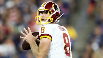 FOXBOROUGH, MA - AUGUST 9 : Kevin Hogan #8 of the Washington Redskins look for a pass during the preseason game between the New England Patriots and the Washington Redskins at Gillette Stadium on August 9, 2018 in Foxborough, Massachusetts. (Photo by Maddie Meyer/Getty Images)