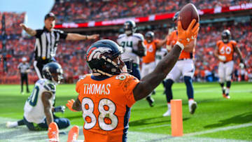 DENVER, CO - SEPTEMBER 9: Wide receiver Demaryius Thomas #88 of the Denver Broncos appeals to the referee for a touchdown call after making a catch on the edge of the end zone against the Seattle Seahawks at Broncos Stadium at Mile High on September 9, 2018 in Denver, Colorado. The catch was ruled a touchdown. (Photo by Dustin Bradford/Getty Images)