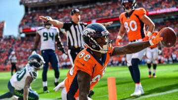DENVER, CO - SEPTEMBER 9: Wide receiver Demaryius Thomas #88 of the Denver Broncos appeals to the referee for a touchdown call after making a catch on the edge of the end zone against the Seattle Seahawks at Broncos Stadium at Mile High on September 9, 2018 in Denver, Colorado. The catch was ruled a touchdown and not challenged. (Photo by Dustin Bradford/Getty Images)