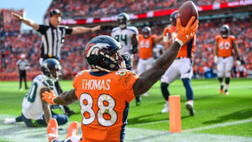 DENVER, CO - SEPTEMBER 9: Wide receiver Demaryius Thomas #88 of the Denver Broncos appeals to the referee for a touchdown call after making a catch on the edge of the end zone against the Seattle Seahawks at Broncos Stadium at Mile High on September 9, 2018 in Denver, Colorado. The catch was ruled a touchdown and not challenged. (Photo by Dustin Bradford/Getty Images)