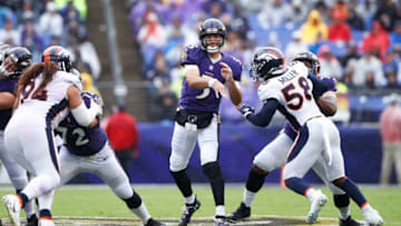 BALTIMORE, MD - SEPTEMBER 23: Joe Flacco #5 of the Baltimore Ravens throws a pass in the first quarter of the game against the Denver Broncos at M&T Bank Stadium on September 23, 2018 in Baltimore, Maryland. (Photo by Joe Robbins/Getty Images)