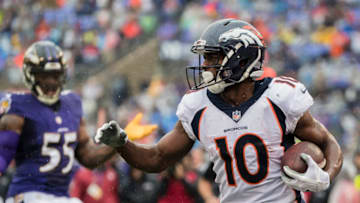 BALTIMORE, MD - SEPTEMBER 23: Emmanuel Sanders #10 of the Denver Broncos scores a touchdown against the Baltimore Ravens during the first half at M&T Bank Stadium on September 23, 2018 in Baltimore, MD. (Photo by Scott Taetsch/Getty Images)