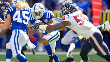 INDIANAPOLIS, IN - SEPTEMBER 30: Jeremy McNichols #34 of the Indianapolis Colts runs the ball in the game in the game against the Houston Texans at Lucas Oil Stadium on September 30, 2018 in Indianapolis, Indiana. (Photo by Andy Lyons/Getty Images)