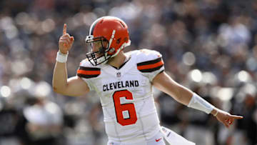 OAKLAND, CA - SEPTEMBER 30: Baker Mayfield #6 of the Cleveland Browns reacts after the Browns scored a two-point conversion against the Oakland Raiders at Oakland-Alameda County Coliseum on September 30, 2018 in Oakland, California. (Photo by Ezra Shaw/Getty Images)