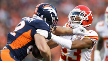 DENVER, CO - OCTOBER 1: Tight end Jeff Heuerman #82 of the Denver Broncos pushes through cornerback Kendall Fuller #23 of the Kansas City Chiefs after a catch in the first half at Broncos Stadium at Mile High on October 1, 2018 in Denver, Colorado. (Photo by Matthew Stockman/Getty Images)