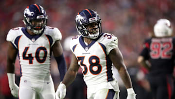 GLENDALE, AZ - OCTOBER 18: Defensive back Shamarko Thomas #38 of the Denver Broncos walks off the field after a defensive stop during the first quarter against the Arizona Cardinals at State Farm Stadium on October 18, 2018 in Glendale, Arizona. (Photo by Christian Petersen/Getty Images)