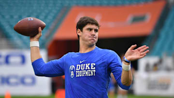 MIAMI, FL - NOVEMBER 03: Daniel Jones #17 of the Duke Blue Devils warms up before the game against the Miami Hurricanes at Hard Rock Stadium on November 3, 2018 in Miami, Florida. (Photo by Mark Brown/Getty Images)