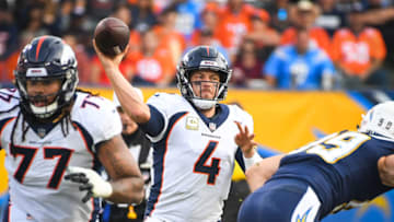CARSON, CA - NOVEMBER 18: Quarterback Case Keenum #4 of the Denver Broncos makes a pass in the third quarter against the Los Angeles Chargers at StubHub Center on November 18, 2018 in Carson, California. (Photo by Jayne Kamin-Oncea/Getty Images)