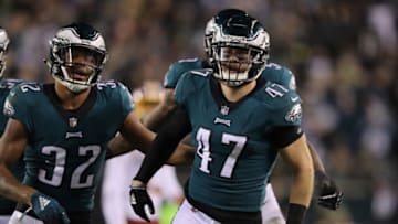 PHILADELPHIA, PA - DECEMBER 03: Linebacker Nathan Gerry #47 of the Philadelphia Eagles celebrates his interception with teammate cornerback ornerback Rasul Douglas #32 against the Washington Redskins during the fourth quarter at Lincoln Financial Field on December 3, 2018 in Philadelphia, Pennsylvania. The Philadelphia Eagles won 28-13. (Photo by Elsa/Getty Images)