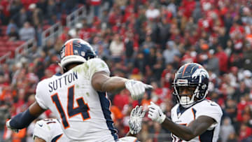 SANTA CLARA, CA - DECEMBER 09: DaeSean Hamilton #17 of the Denver Broncos celebrates with teammate Courtland Sutton #14 after scoring a touchdown against the San Francisco 49ers at Levi's Stadium on December 9, 2018 in Santa Clara, California. (Photo by Lachlan Cunningham/Getty Images)