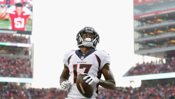 SANTA CLARA, CA - DECEMBER 09: DaeSean Hamilton #17 of the Denver Broncos crosses the goal line to score a touchdown against the San Francisco 49ers at Levi's Stadium on December 9, 2018 in Santa Clara, California. (Photo by Lachlan Cunningham/Getty Images)