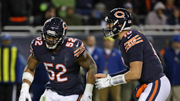 CHICAGO, IL - JANUARY 06: Khalil Mack #52 of the Chicago Bears goes in motion next to Mitchell Trubisky #10 on an offensive play against the Philadelphia Eagles during an NFC Wild Card playoff game at Soldier Field on January 6, 2019 in Chicago, Illinois. The Eagles defeated the Bears 16-15. (Photo by Jonathan Daniel/Getty Images)