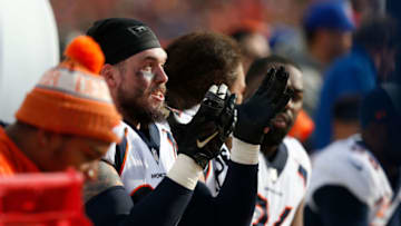 SANTA CLARA, CA - DECEMBER 09: Derek Wolfe #95 of the Denver Broncos talks to teammates on the bench during the game against the San Francisco 49ers at Levi's Stadium on December 9, 2018 in Santa Clara, California. (Photo by Lachlan Cunningham/Getty Images)