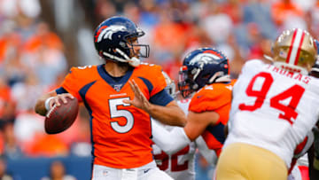 DENVER, CO - AUGUST 19: Quarterback Joe Flacco #5 of the Denver Broncos throws a pass during the first quarter of a preseason game against the San Francisco 49ers at Broncos Stadium at Mile High on August 19, 2019 in Denver, Colorado. (Photo by Justin Edmonds/Getty Images)