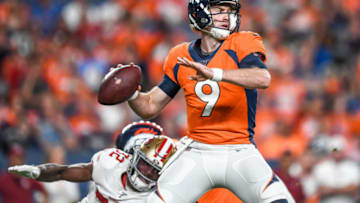 DENVER, CO - AUGUST 19: Quarterback Kevin Hogan #9 of the Denver Broncos passes against the San Francisco 49ers in the third quarter during a preseason National Football League game at Broncos Stadium at Mile High on August 19, 2019 in Denver, Colorado. (Photo by Dustin Bradford/Getty Images)