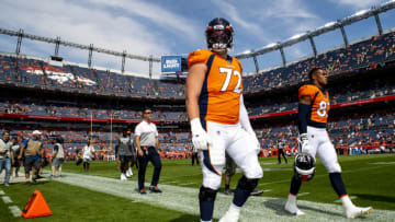 DENVER, CO - SEPTEMBER 15: Garett Bolles #72 of the Denver Broncos walks off the field prior to taking on the Chicago Bears at Empower Field at Mile High on September 15, 2019 in Denver, Colorado. (Photo by Timothy Nwachukwu/Getty Images)