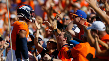 DENVER, CO - SEPTEMBER 29: Tight end Noah Fant #87 of the Denver Broncos celebrates his first quarter touchdown against the Jacksonville Jaguars at Empower Field at Mile High on September 29, 2019 in Denver, Colorado. (Photo by Justin Edmonds/Getty Images)