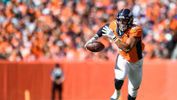 DENVER, CO - SEPTEMBER 29: Noah Fant #87 of the Denver Broncos runs before scoring a first quarter touchdown after a catch against the Jacksonville Jaguars at Empower Field at Mile High on September 29, 2019 in Denver, Colorado. (Photo by Dustin Bradford/Getty Images)