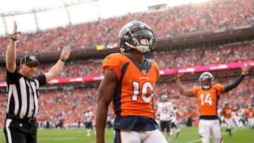 DENVER, COLORADO - SEPTEMBER 15: Emmanuel Sanders #10 of the Denver Broncos celebrates a two point conversion late in the fourth quarter against the Chicago Bears at Empower Field at Mile High on September 15, 2019 in Denver, Colorado. (Photo by Matthew Stockman/Getty Images)
