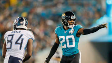 JACKSONVILLE, FLORIDA - SEPTEMBER 19: Jalen Ramsey #20 of the Jacksonville Jaguars defends against Corey Davis #84 of the Tennessee Titans during the third quarter of a game at TIAA Bank Field on September 19, 2019 in Jacksonville, Florida. (Photo by James Gilbert/Getty Images)