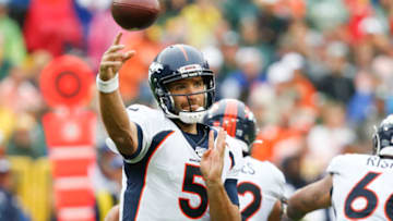 GREEN BAY, WISCONSIN - SEPTEMBER 22: Joe Flacco #5 of the Denver Broncos throws a pass during the second half against the Green Bay Packers at Lambeau Field on September 22, 2019 in Green Bay, Wisconsin. (Photo by Nuccio DiNuzzo/Getty Images)