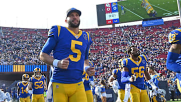 LOS ANGELES, CA - DECEMBER 29: Quarterback Blake Bortles #5 of the Los Angeles Rams runs on to the field for the game against the Arizona Cardinals at the Los Angeles Memorial Coliseum on December 29, 2019 in Los Angeles, California. (Photo by Jayne Kamin-Oncea/Getty Images)