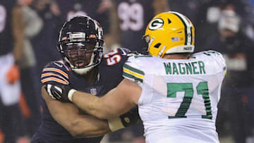 CHICAGO, ILLINOIS - JANUARY 03: Khalil Mack #52 of the Chicago Bears rushes against Rick Wagner #71 of the Green Bay Packers at Soldier Field on January 03, 2021 in Chicago, Illinois. The Packers defeated the Bears 35-16. (Photo by Jonathan Daniel/Getty Images)