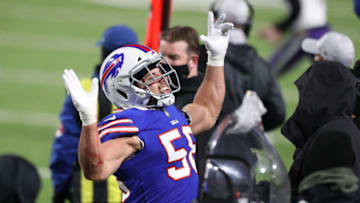 ORCHARD PARK, NEW YORK - JANUARY 16: Matt Milano #58 of the Buffalo Bills reacts in the second quarter against the Baltimore Ravens during the AFC Divisional Playoff game at Bills Stadium on January 16, 2021 in Orchard Park, New York. (Photo by Bryan M. Bennett/Getty Images)